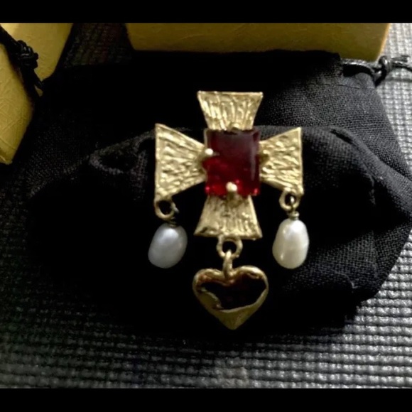 18k Plated | Cross | Heart Motif | Colored Glass Stones Cultured Pearl Drops NIB - Picture 10 of 15